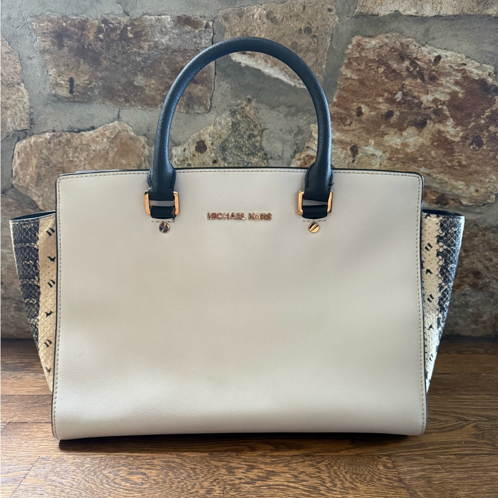 Authentic Michael Kors Cream and Black Tote Bag with crossbody strap